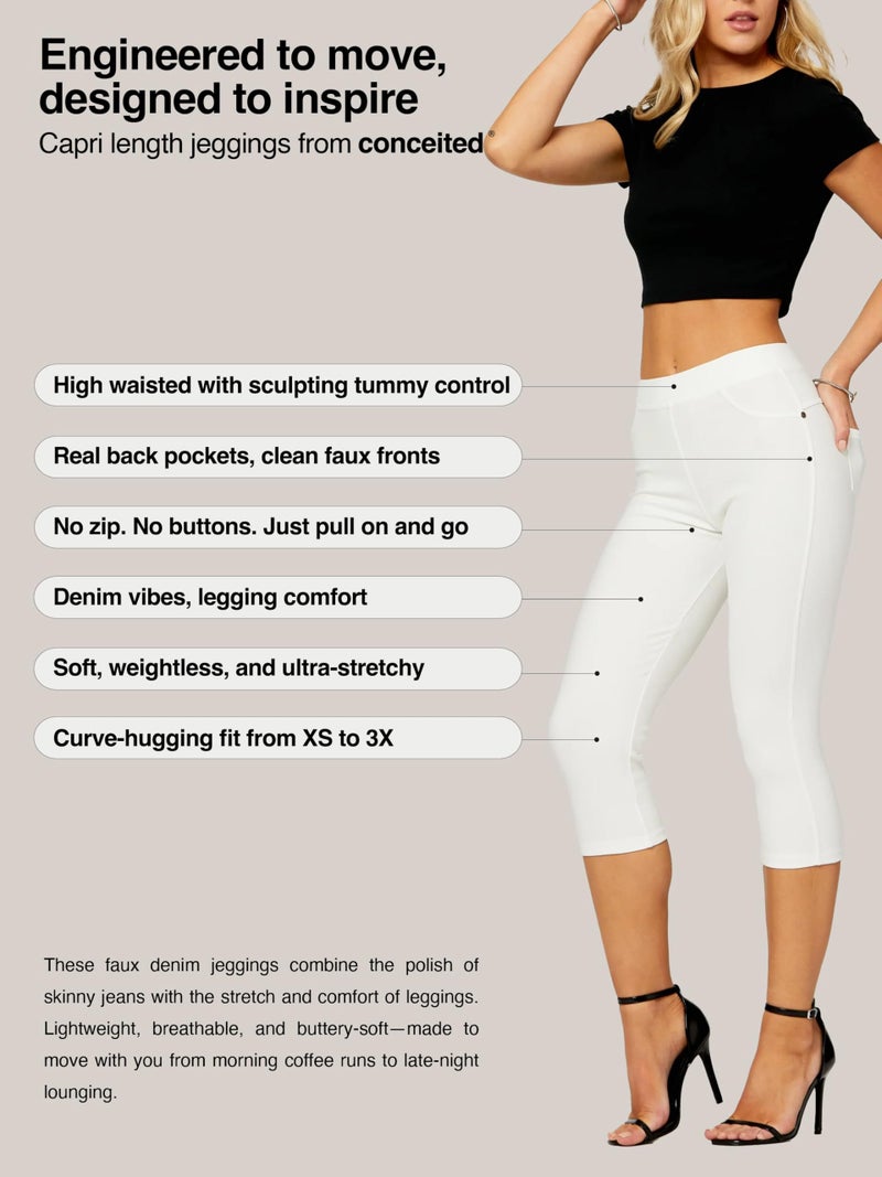Conceited Capri Leggings - Jeggings for Women with Pockets - High Waist - Tummy Control Shaping - Regular and Plus Size - Off White - 2X-Large - 3X-Large - Image 2